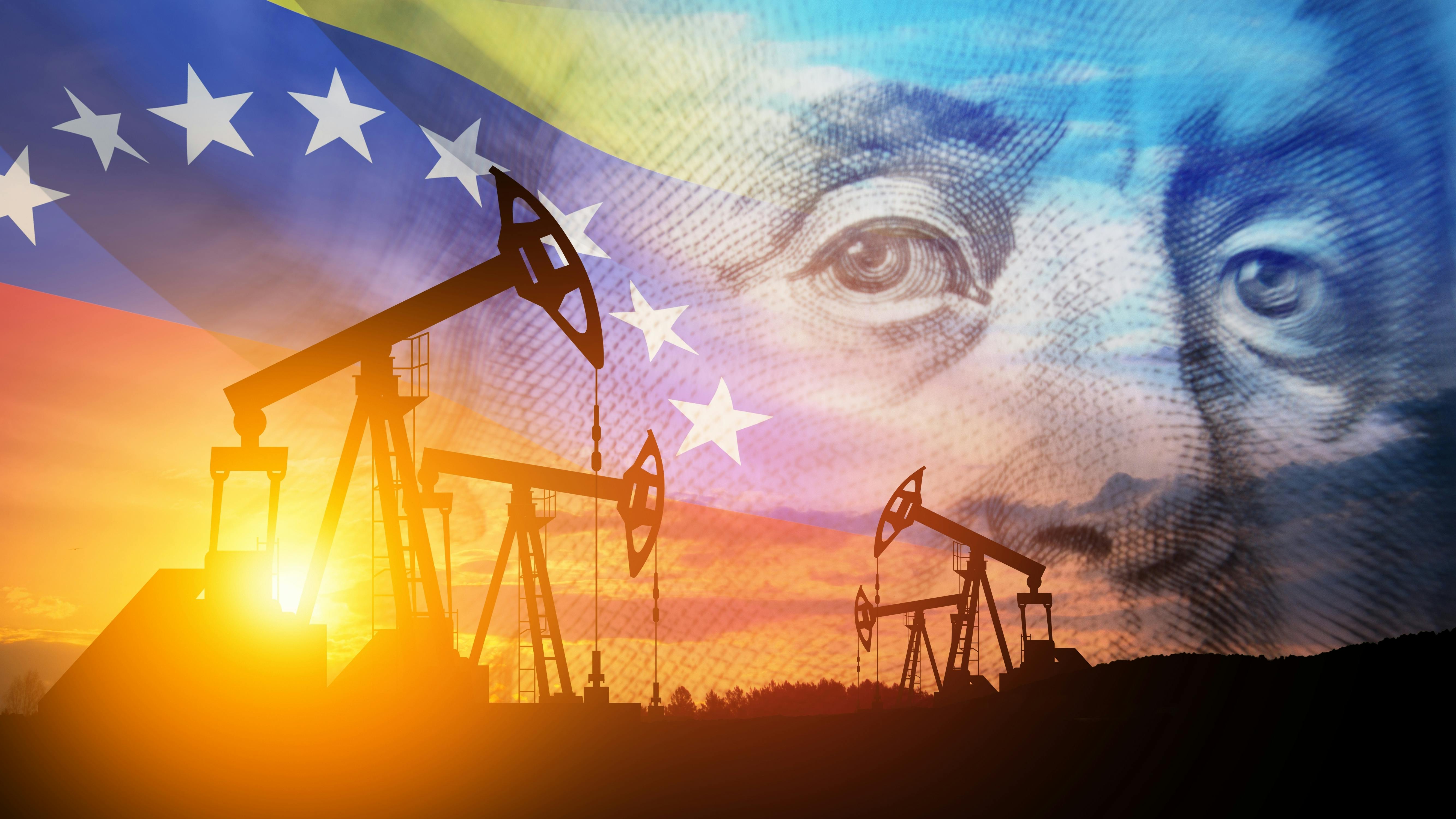 Oil pump on background of US dollar and Venezuela flag. Petroleum production.
