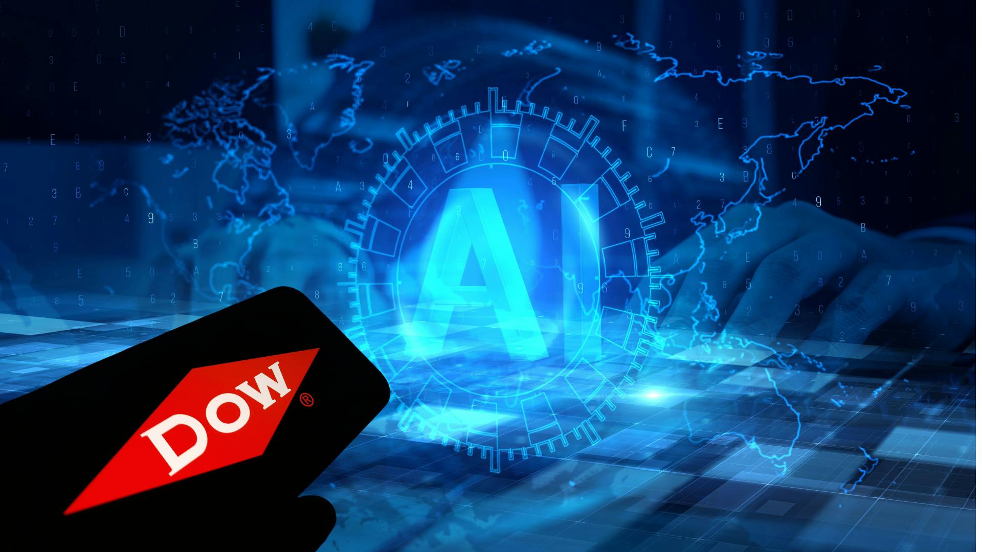 Dow logo on cell phone with digital AI concept in background