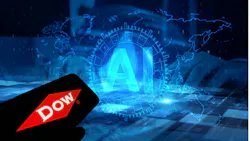 Dow logo on cell phone with digital AI concept in background Dow logo on cell phone with digital AI concept in background