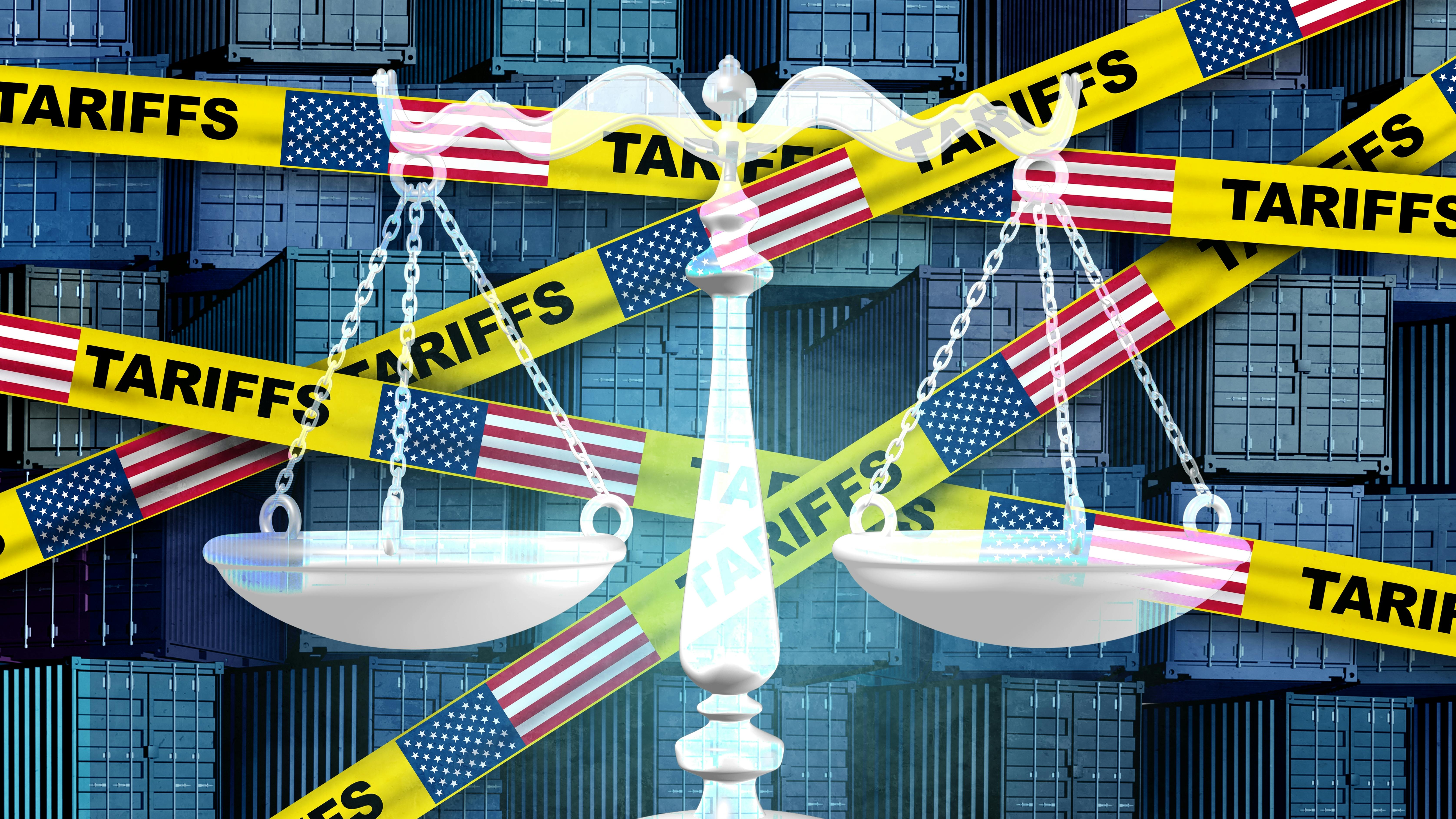 Justice balance in front of a backdrop of tariff caution tape. Supreme Court Strips Trump's Emergency Tariff Authority
