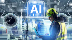 Worker with laptop and AI digital overlay in background Worker with laptop and AI digital overlay in background