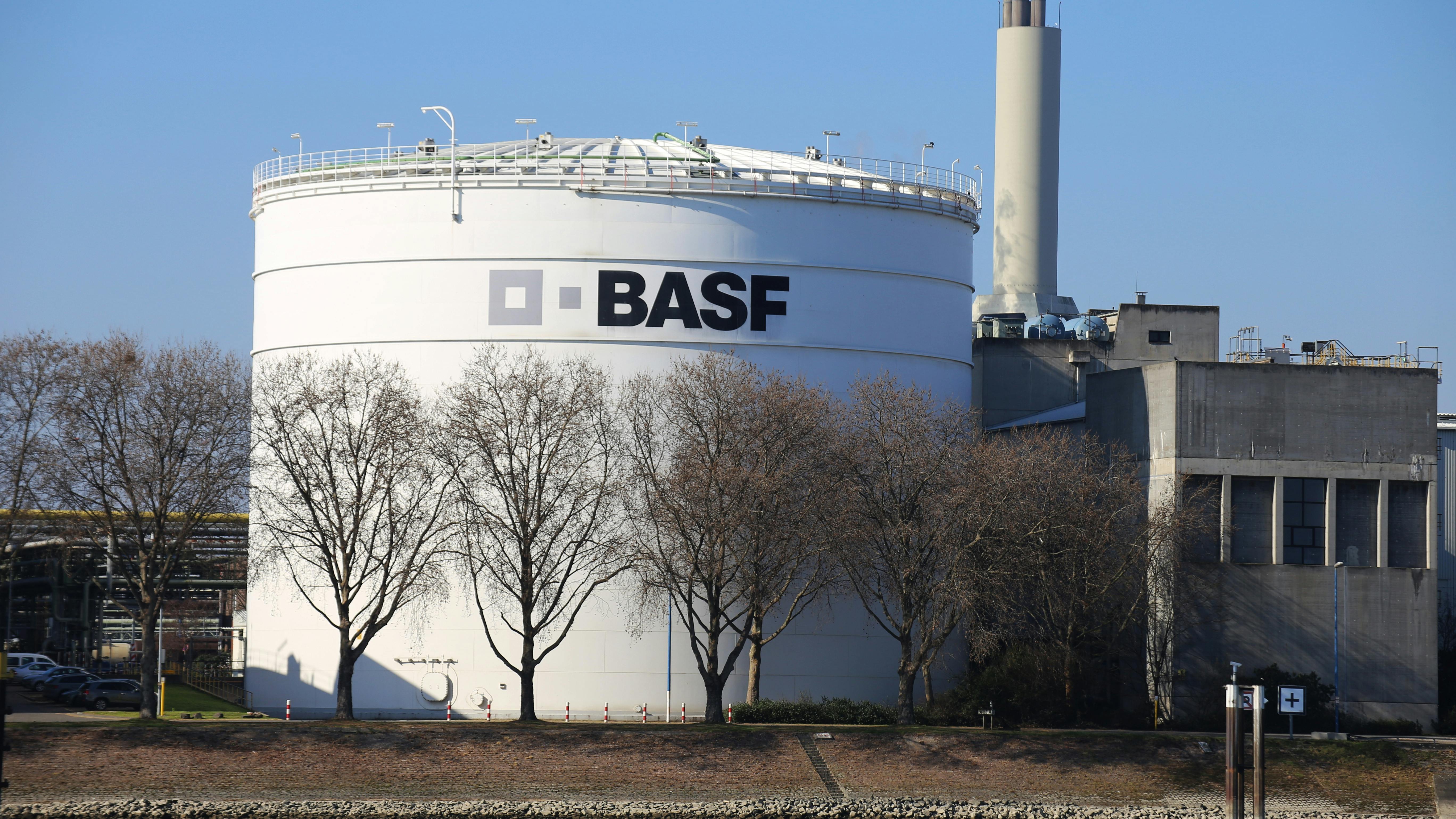 Chemical storage tank with BASF logo