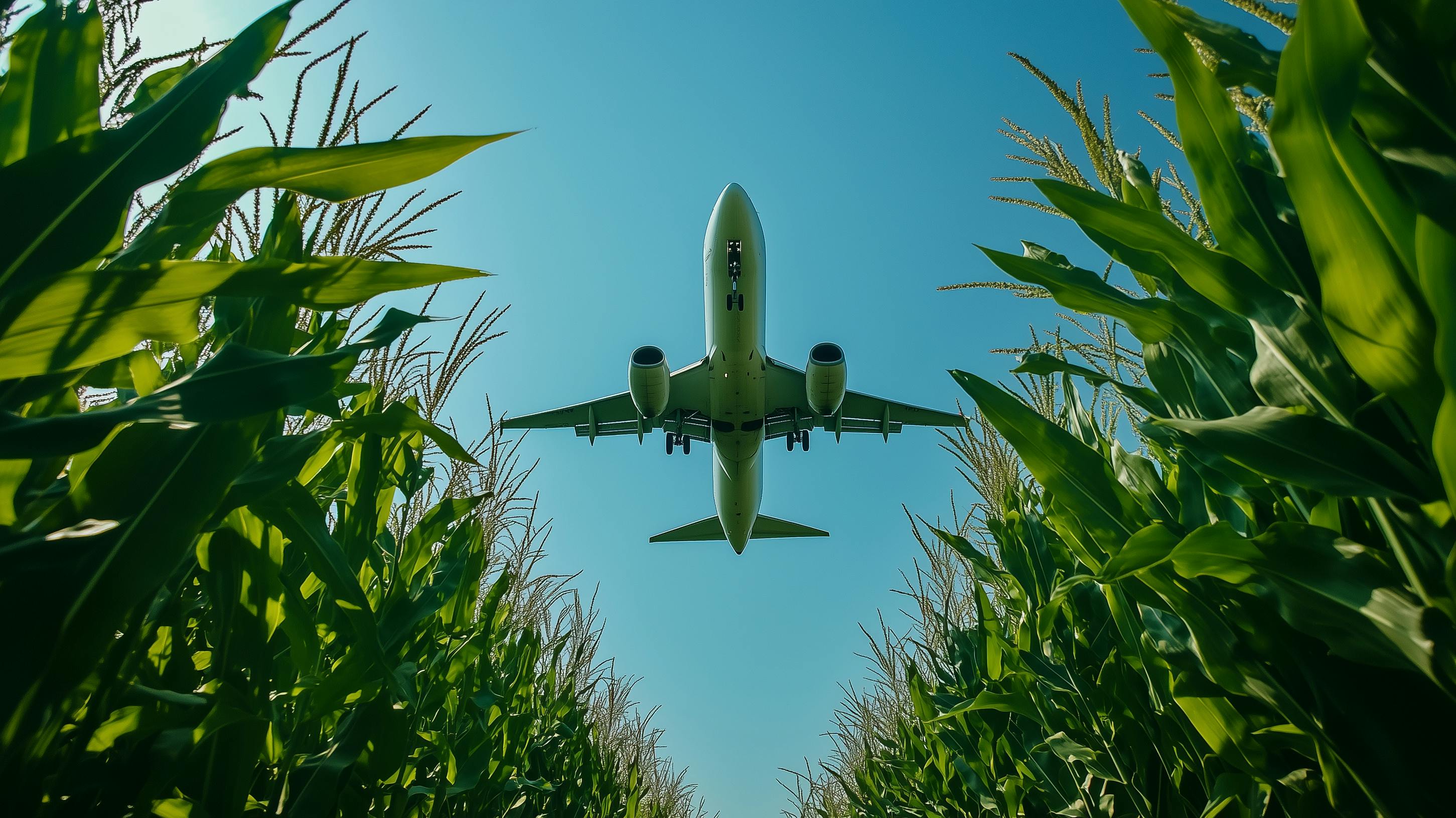 Rows of corn with plane in sky above