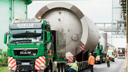 The plate-fall-film evaporator was transported via the BASF site in Ludwigshafen using heavy-haul transport. Photo: BASF The plate-fall-film evaporator was transported via the BASF site in Ludwigshafen using heavy-haul transport. Photo: BASF