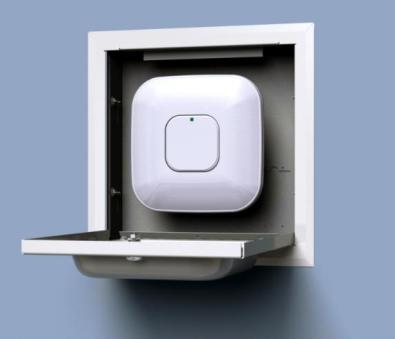 Oberon's 1076 enclosure is shown here mounted to a recessed wall and housing a Cisco 3500i wireless access point (not included with the enclosure).