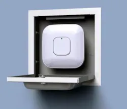 Oberon's 1076 enclosure is shown here mounted to a recessed wall and housing a Cisco 3500i wireless access point (not included with the enclosure). Oberon's 1076 enclosure is shown here mounted to a recessed wall and housing a Cisco 3500i wireless access point (not included with the enclosure).
