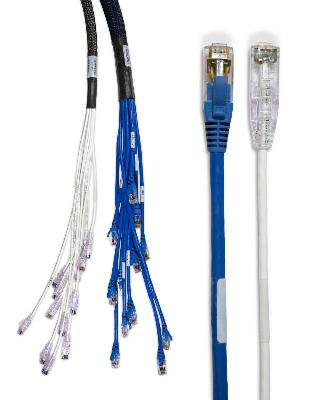 CablExpress's mini 6 trunk and individual breakout cables, shown in white, are slimmer than older-generation Category 6 media, shown in blue.