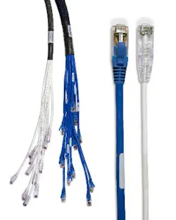 CablExpress's mini 6 trunk and individual breakout cables, shown in white, are slimmer than older-generation Category 6 media, shown in blue. CablExpress's mini 6 trunk and individual breakout cables, shown in white, are slimmer than older-generation Category 6 media, shown in blue.