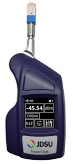 PowerChek is a new optical power meter from JDSU. It directly measures a bulkhead port's optical power without the need for a test lead, which both eliminates the risk of cross-contamination and eases the task of fiber-optic cable testing. PowerChek is a new optical power meter from JDSU. It directly measures a bulkhead port's optical power without the need for a test lead, which both eliminates the risk of cross-contamination and eases the task of fiber-optic cable testing.