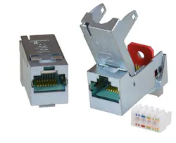 This tool-less Category 6A connector module from trans data elektronik accommodates twisted-pair cables with 24-22 AWG conductors. This tool-less Category 6A connector module from trans data elektronik accommodates twisted-pair cables with 24-22 AWG conductors.