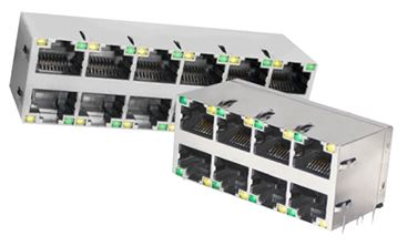 Stewart Connector's double row StackJack connectors with LEDs are available in configurations with 2, 4, 8, 12 and 16 ports.