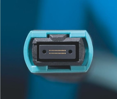 An unpinned 24-fiber MPO connector is pictured here. MPO testing can be challenging, and different test-device manufacturers take different approaches to the task.