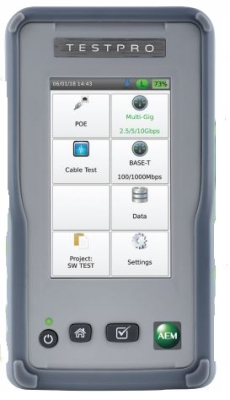 TestPro 100 from AEM tests a cabling link's ability to support 2.5G, 5G, or 10G data rates, and validates Power over Ethernet performance up to 90W.