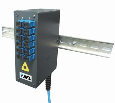 AFL's Mini DIN Rail Mounted Enclosure houses and protects up to 24 fibers that can be connectorized or fusion-spliced. The enclosure can accommodate cable entry from the bottom (shown) or top.