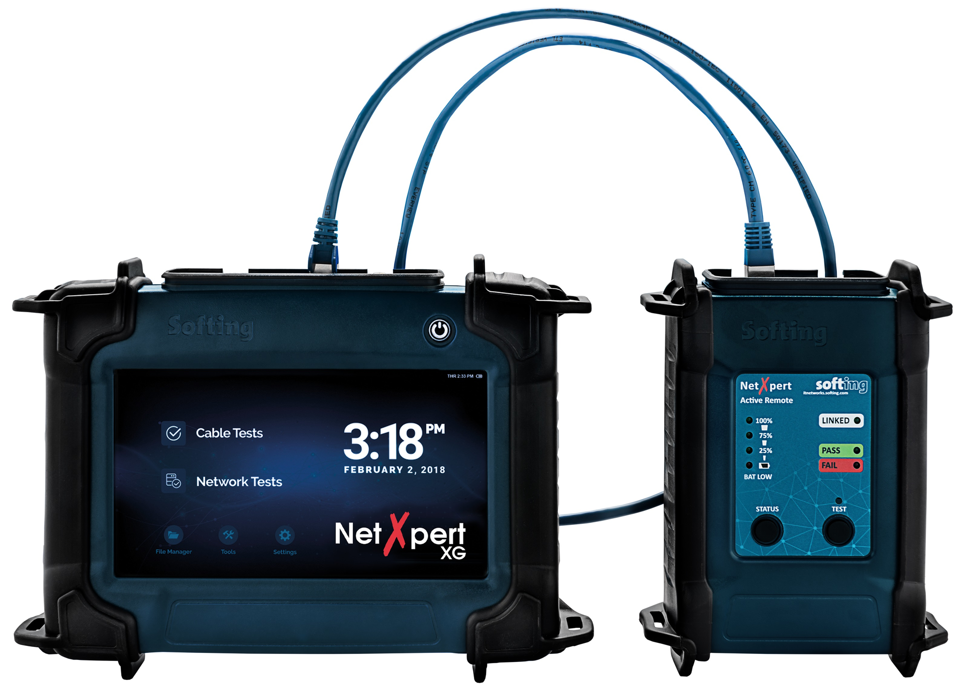 Shown here is Softing's NetXpert 10G local and remote units. NetXpert 10G is a project qualifier, which tests structured cabling links for IEEE 802.3 compliance at data rates up to 10 Gbits/sec. The tester's main unit includes fiber ports for active network testing.