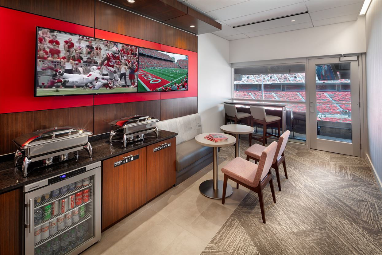 AV systems allow an immersive experience within the 12 luxury suites at Ohio Stadium, the home of The Ohio State University Buckeyes. Visitors to 'The Horseshoe,' as the stadium is commonly called, enjoy larger televisions along with an improved sound system and scoreboards on the stadium-s B-deck thanks to a recent AV system upgrade.