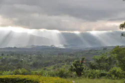 The Rwenzori Mountains, located on the border between the Democratic Republic of the Congo and Uganda. The Rwenzori Mountains, located on the border between the Democratic Republic of the Congo and Uganda.