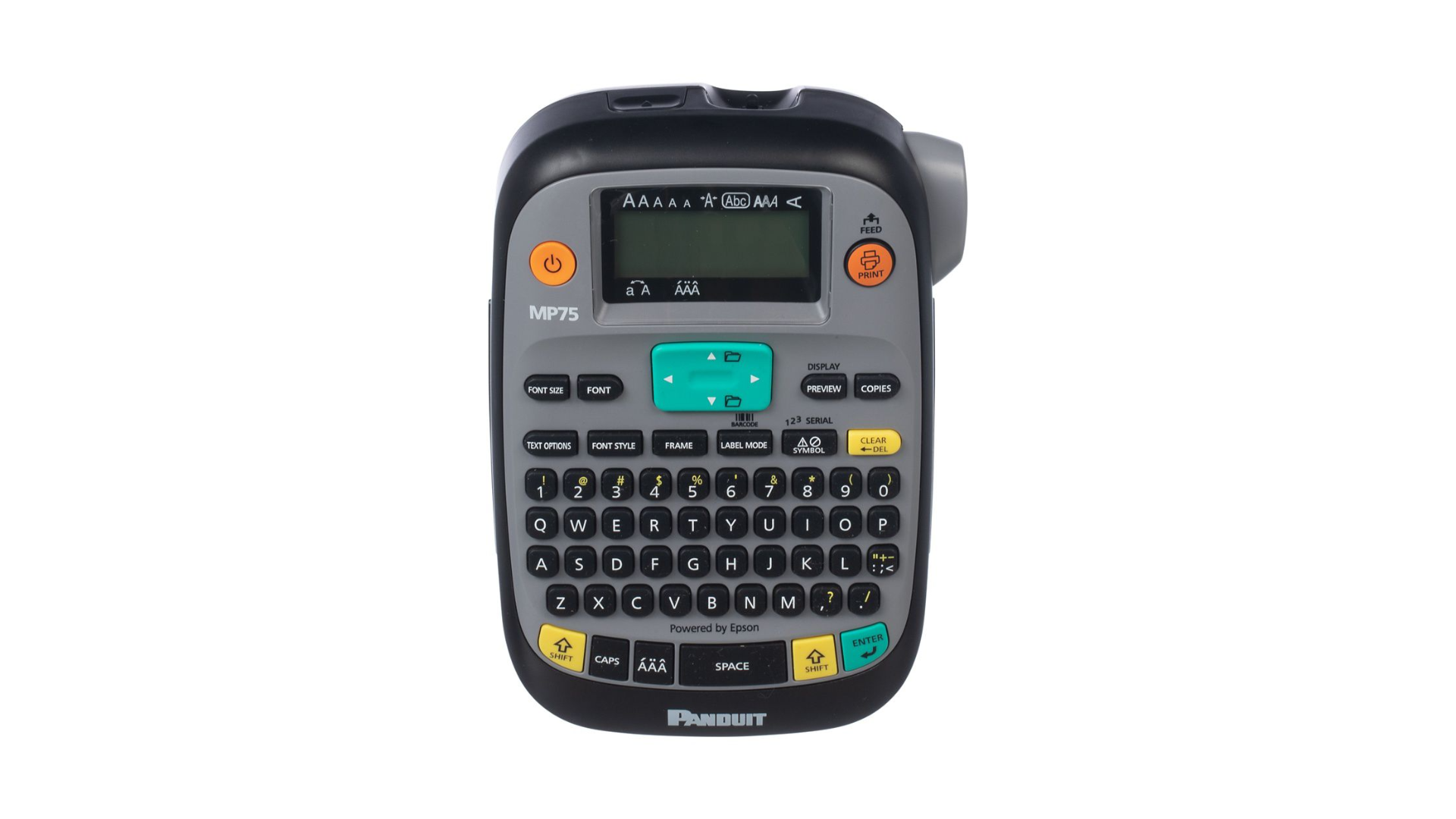 The MP75 label printer features custom label modes, a QWERTY keyboard, backlit LCD screen, and library of barcodes and custom symbols.