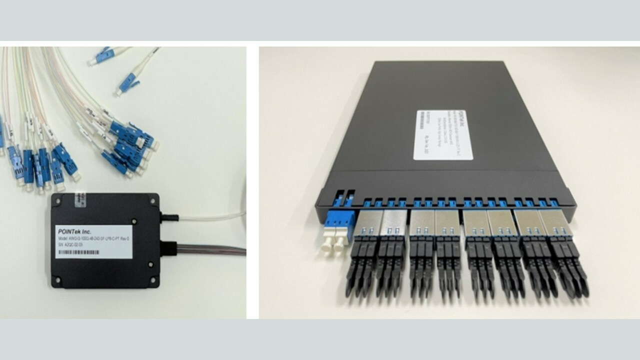 Figure 1. (Left) 8mm Low Profile Small Form Factor Athermal 100GHz 48CH AWG Multiplexer Brick; (Right) 1/2-inch Low Profile Athermal AWG Module Package with Very Small Form Factor Connector Interface