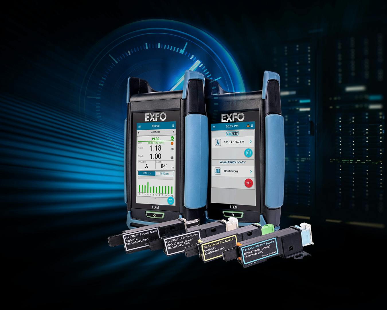 The PXM/LXM OLTS Pro from EXFO, shown here with multiple Click-Out adapters.