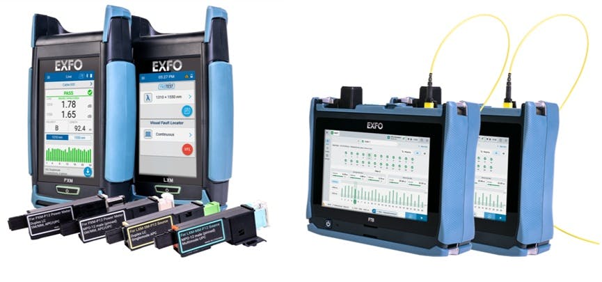 The PXM/LXM (left) and FTB-Lite 975 (right) from EXFO offer native 24-fiber test capabilities to support the speed and scale of hyperscale and AI data center builds.