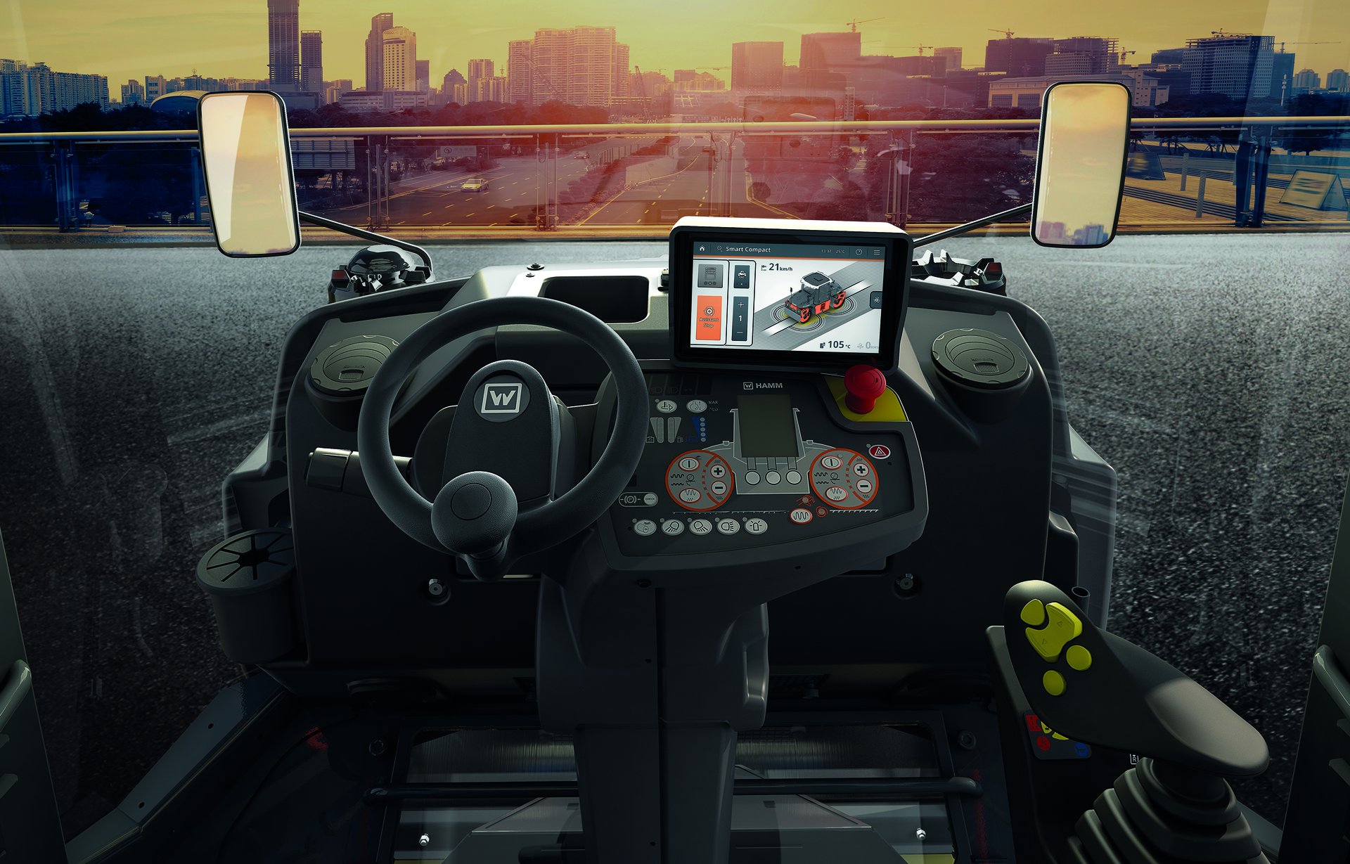 Data input and data output are managed via a dedicated display on the dashboard, which turns with the seat and stays in view of the operator.