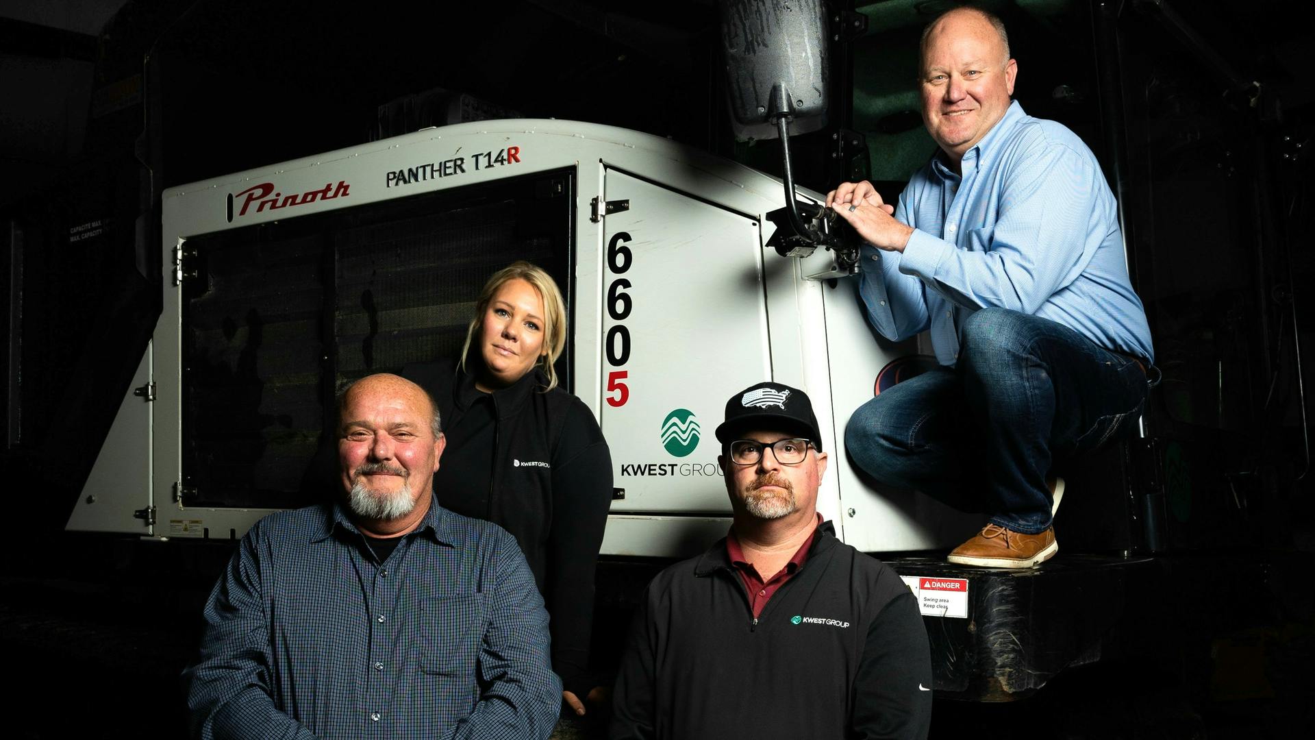 The Kwest Group equipment team (from left): Terry Perry, DOT logistics coordinator; Brooke Speiser, CEM, equipment operations coordinator; Adam Turner, field operations coordinator; and Chad McKee, CEM, equipment operations manager.