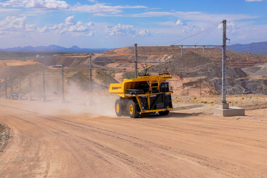 Electric truck running on trolley system.