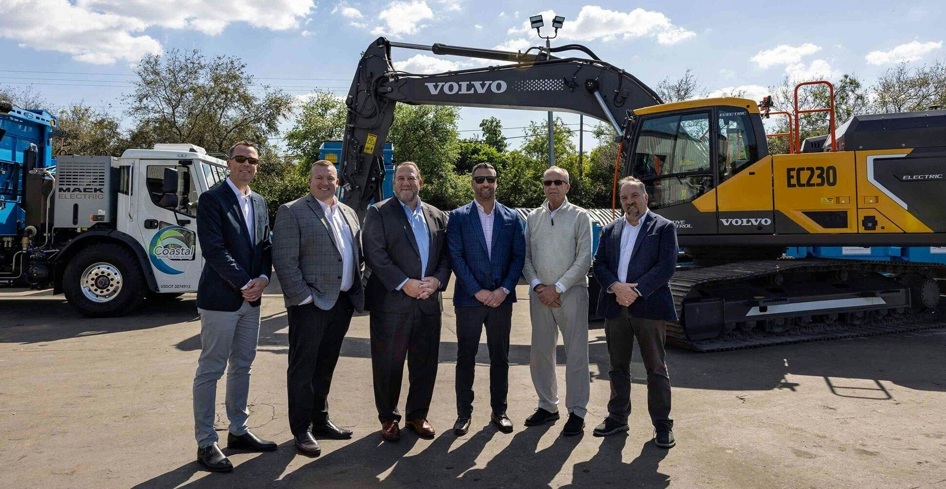 From left: Martin Mattsson, director, key account sales, waste & recycling, Volvo CE; Tyler Ohlmansiek, Mack e-mobility sales director; Jonathan Randall, president of Mack Trucks North America; Brendon Pantano, CEO, Coastal Waste & Recycling; Dennis Pantano, COO, Coastal Waste & Recycling; Ray Gallant, head of sustainability and productivity, Volvo CE.