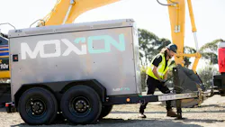 Portable job site power from Moxion, a company that's been working with Komatsu and Volvo CE on field solutions for electric equipment. Portable job site power from Moxion, a company that's been working with Komatsu and Volvo CE on field solutions for electric equipment.