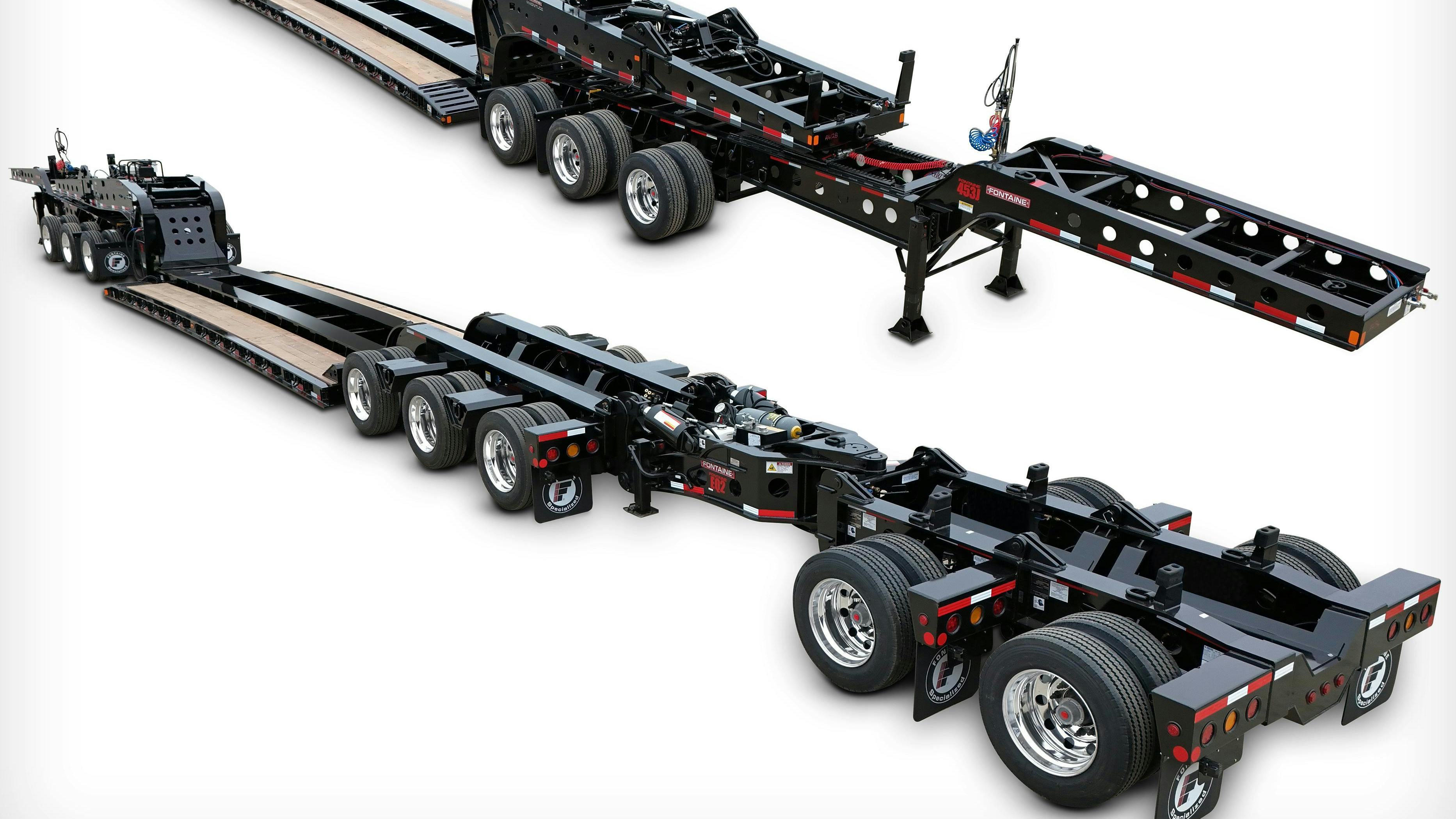 The trailer has a hydraulic detachable gooseneck and a tridem axle bogie.