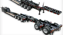 The trailer has a hydraulic detachable gooseneck and a tridem axle bogie. The trailer has a hydraulic detachable gooseneck and a tridem axle bogie.
