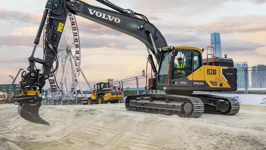 Volvo Electric EC230 excavator on site.