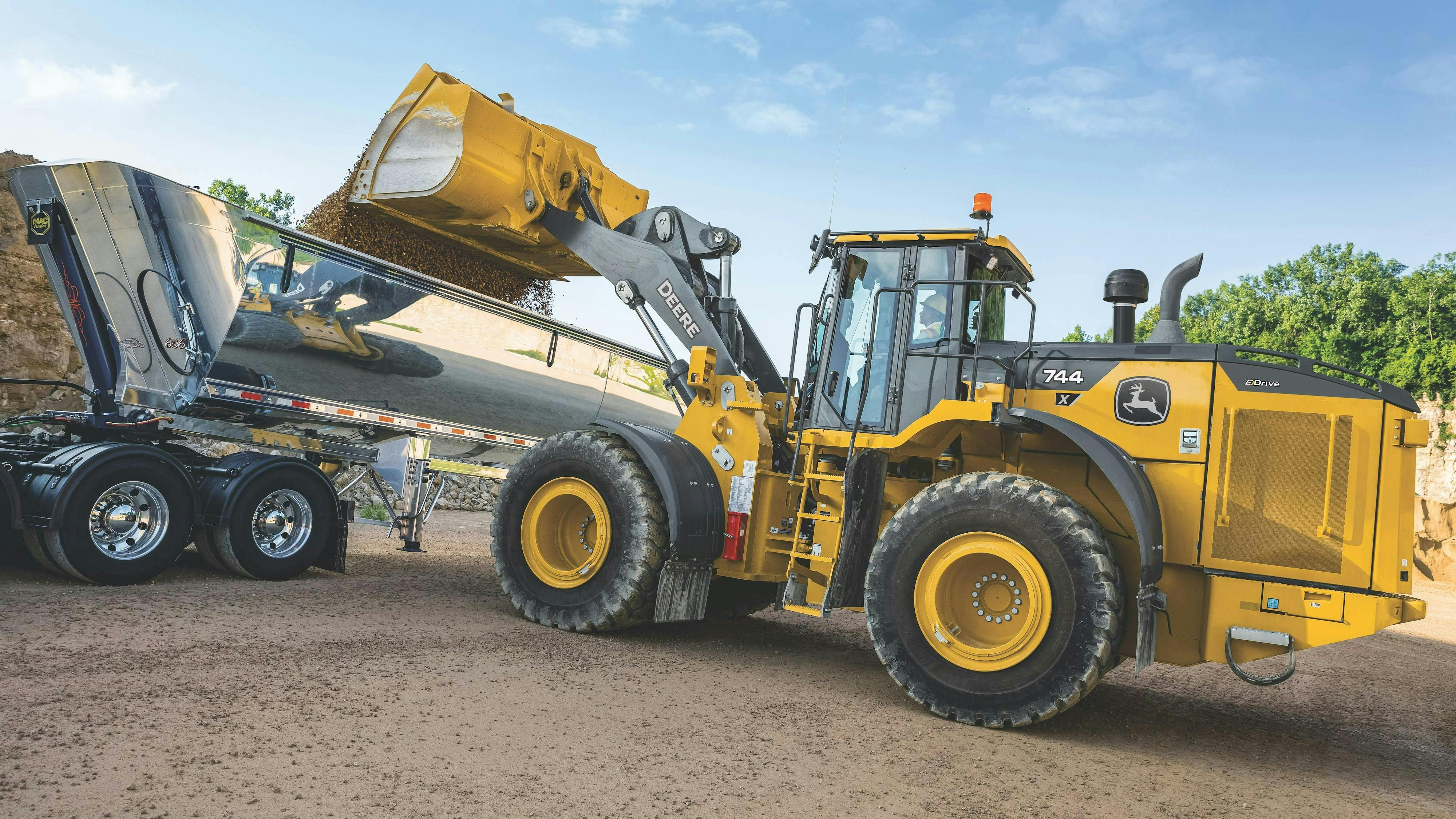 John Deere 744 X Tier wheel loader has operating weights ranging between 56,524 and 59,267 pounds.