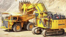 Komatsu 930E autonomous haul truck being loaded by a Komatsu PC7000 excavator. Komatsu 930E autonomous haul truck being loaded by a Komatsu PC7000 excavator.