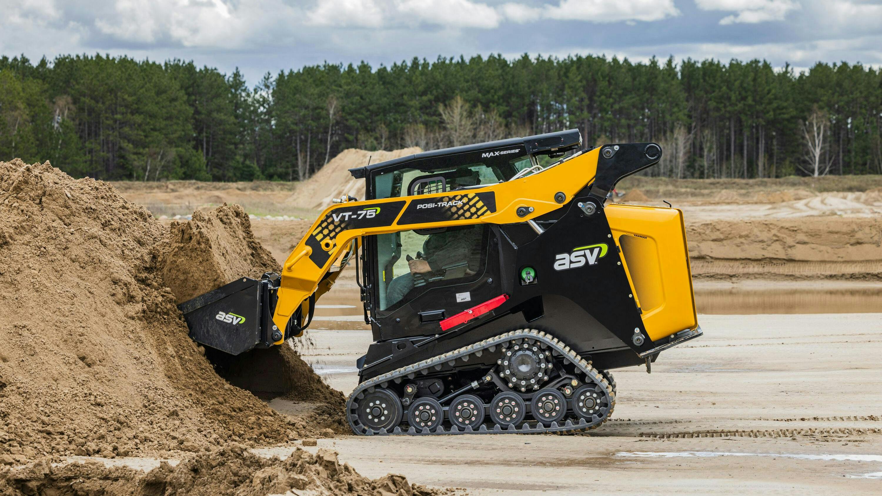 ASV VT-75 vertical lift compact track loader has a tipping load of 6,571 pounds.