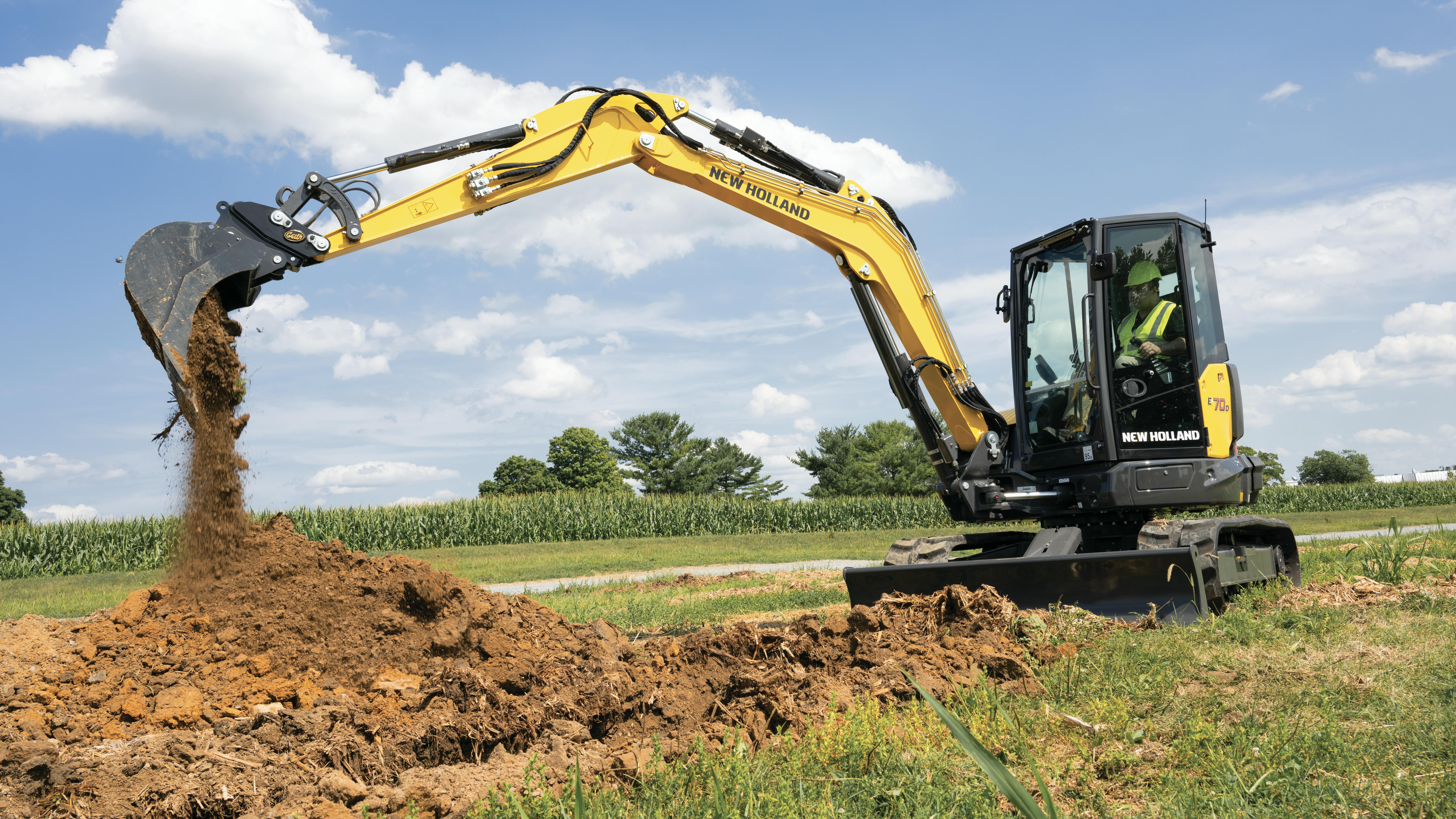 New Holland E70D excavator can dig to 13 feet 4 inches.