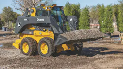 When loading a skid steer or compact track loader onto a trailer, keep the boom and attachment low. When loading a skid steer or compact track loader onto a trailer, keep the boom and attachment low.