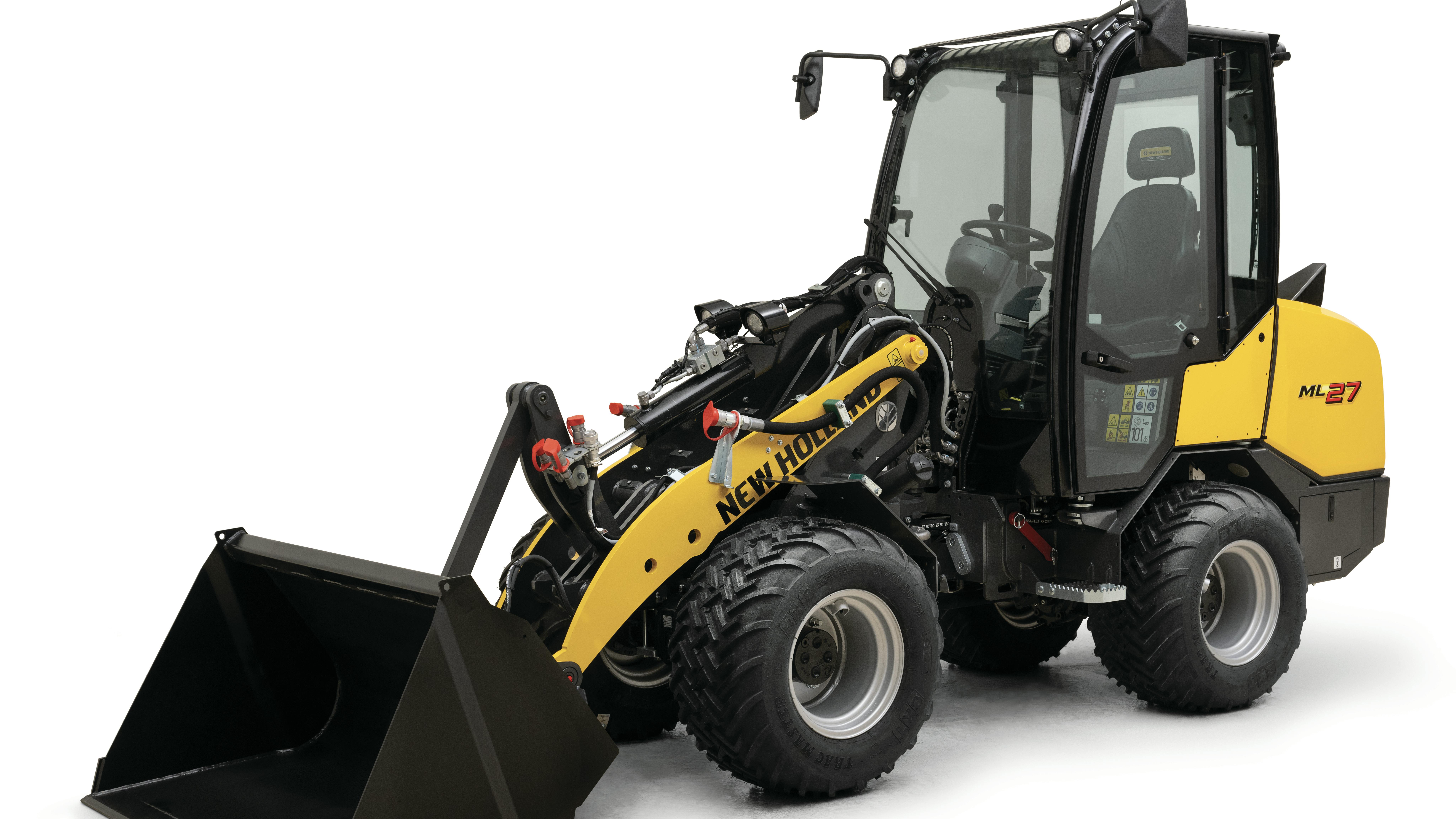 Operating weight of the New Holland Construction ML27 is 5,732 pounds, and lifting height is 8.25 feet.