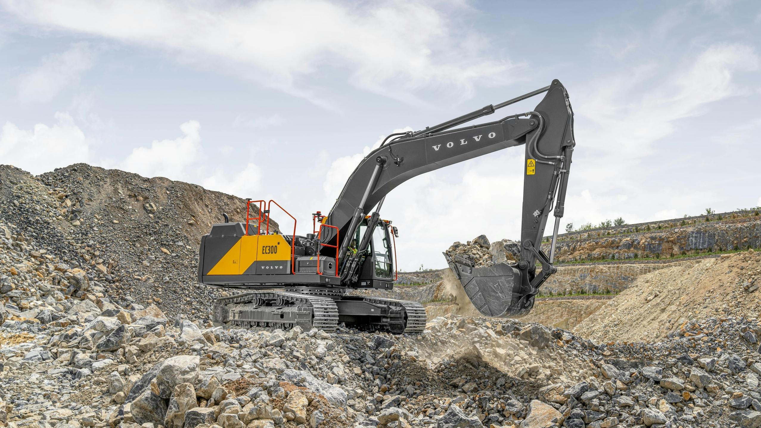 Volvo EC300 excavator has an operating weight of 68,000 pounds.
