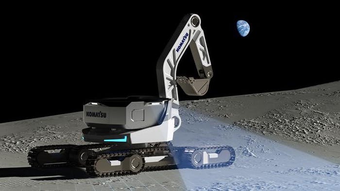 A rendering of a concept machine currently in development as part of Komatsu's contribution toward Japan's work to advance construction and R&D of outer space construction activities.
