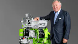 JCB chairman Bamford pictured with JCB’s hydrogen combustion engine. JCB chairman Bamford pictured with JCB’s hydrogen combustion engine.