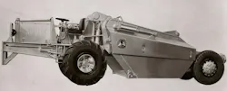 Although it certainly looked “conventional” with its overhung appearance, the 1940 1MGT-5SH was far from it. It had a rigid frame and steered hydraulically at the scraper wheels. It was powered by a Waukesha gas engine and sported a front push plate and 10-yard capacity. Although it certainly looked “conventional” with its overhung appearance, the 1940 1MGT-5SH was far from it. It had a rigid frame and steered hydraulically at the scraper wheels. It was powered by a Waukesha gas engine and sported a front push plate and 10-yard capacity.