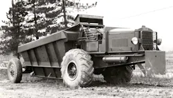 Euclid also experimented with the rear-steer concept on one 1MGT-W bottom dump, powered again by a Waukesha 6SRKR series engine. It was built in 1940. Note the array of hydraulic lines, typical of the rear-steers. Euclid also experimented with the rear-steer concept on one 1MGT-W bottom dump, powered again by a Waukesha 6SRKR series engine. It was built in 1940. Note the array of hydraulic lines, typical of the rear-steers.