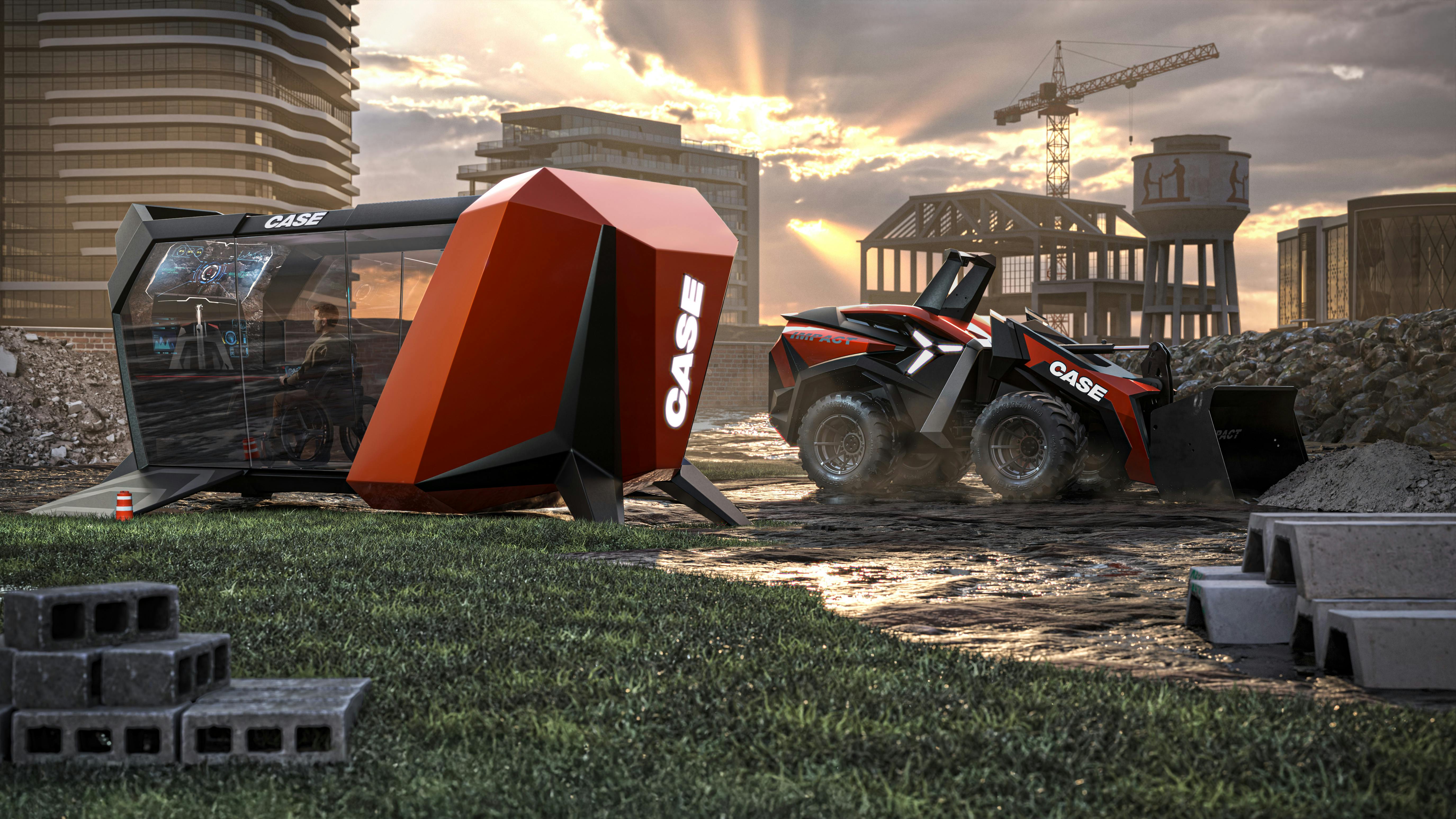Artist's rendering of the Case Impact concept wheel loader and its 'control lounge.'
