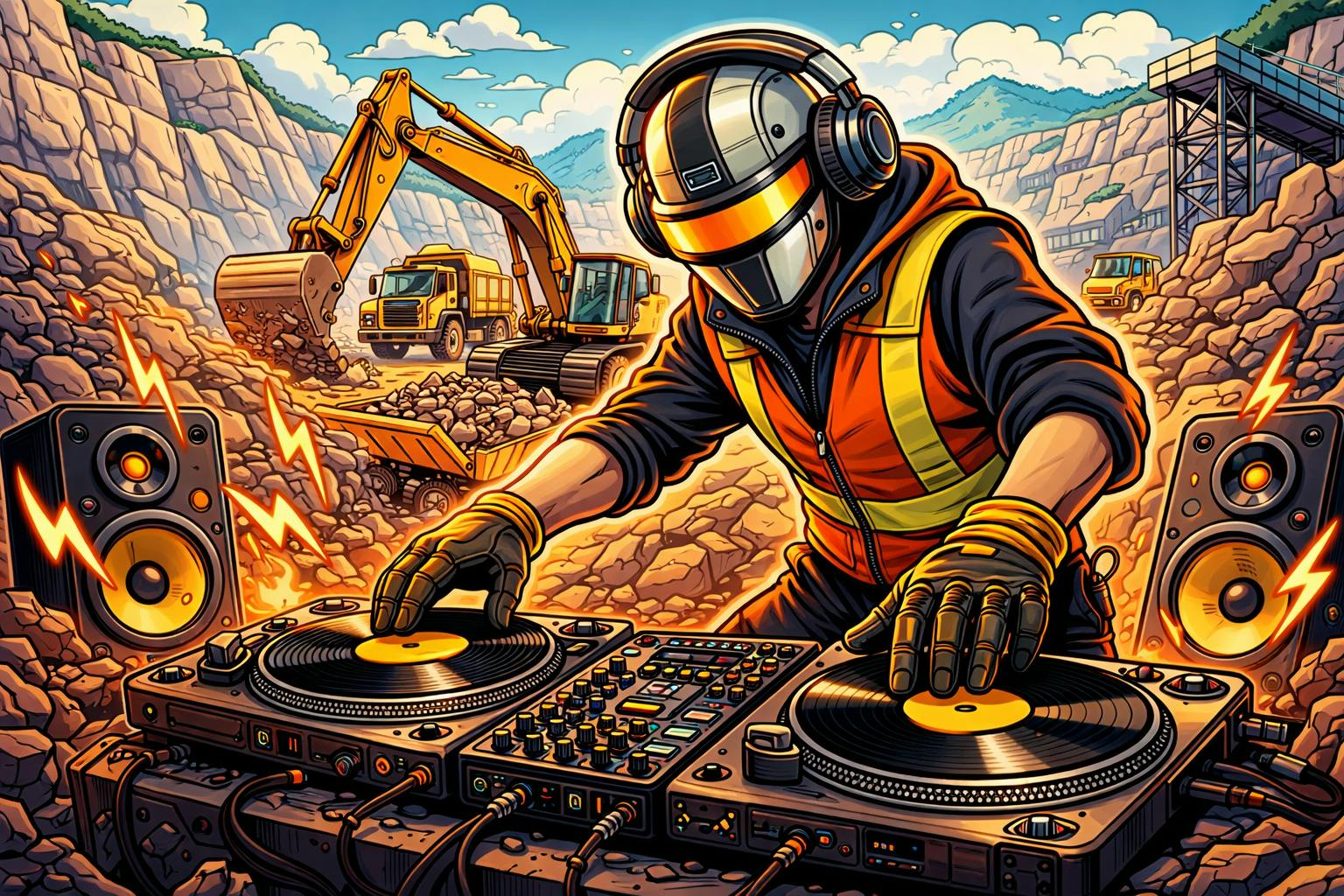 Construction Equipment DJ operating turntables in a quarry pit