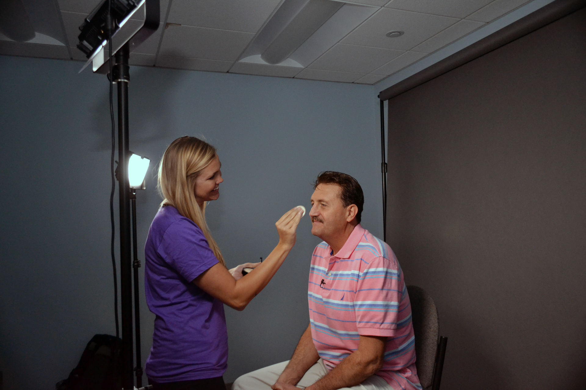 Ready for his closeup Taylor Topper digital marketing specialist for Blue Corona gets Mack Antonoff from Empire Technical HVAC Inc ready for his video shoot Blue Corona produced 30 free videos for HVAC and plumbing contractors during Comfortech 2015