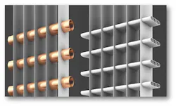 The HexiCoiltrade difference The unique fin design of the HexiCoil product shown at right along with its zinc outer coating provides superior water shedding capability and corrosion resistance prolonging the outdoor unitrsquos lifespan Traditional copper tube design at left Photo courtesy Mitsubishi Electric US Inc Cooling amp Heating Div The HexiCoiltrade difference The unique fin design of the HexiCoil product shown at right along with its zinc outer coating provides superior water shedding capability and corrosion resistance prolonging the outdoor unitrsquos lifespan Traditional copper tube design at left Photo courtesy Mitsubishi Electric US Inc Cooling amp Heating Div