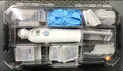 Thermometer kit for checking employee temperatures. It includes alcohol wipes and gloves. Thermometer kit for checking employee temperatures. It includes alcohol wipes and gloves.