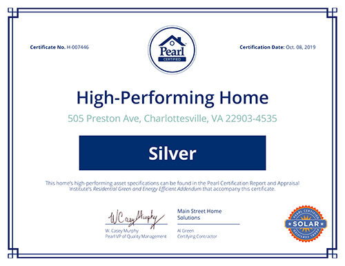 A sample Pearl solar certification certificate.
